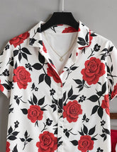 Men's Red Rose Floral Print Shirt & Shorts Set – Casual Summer 2-Piece Outfit